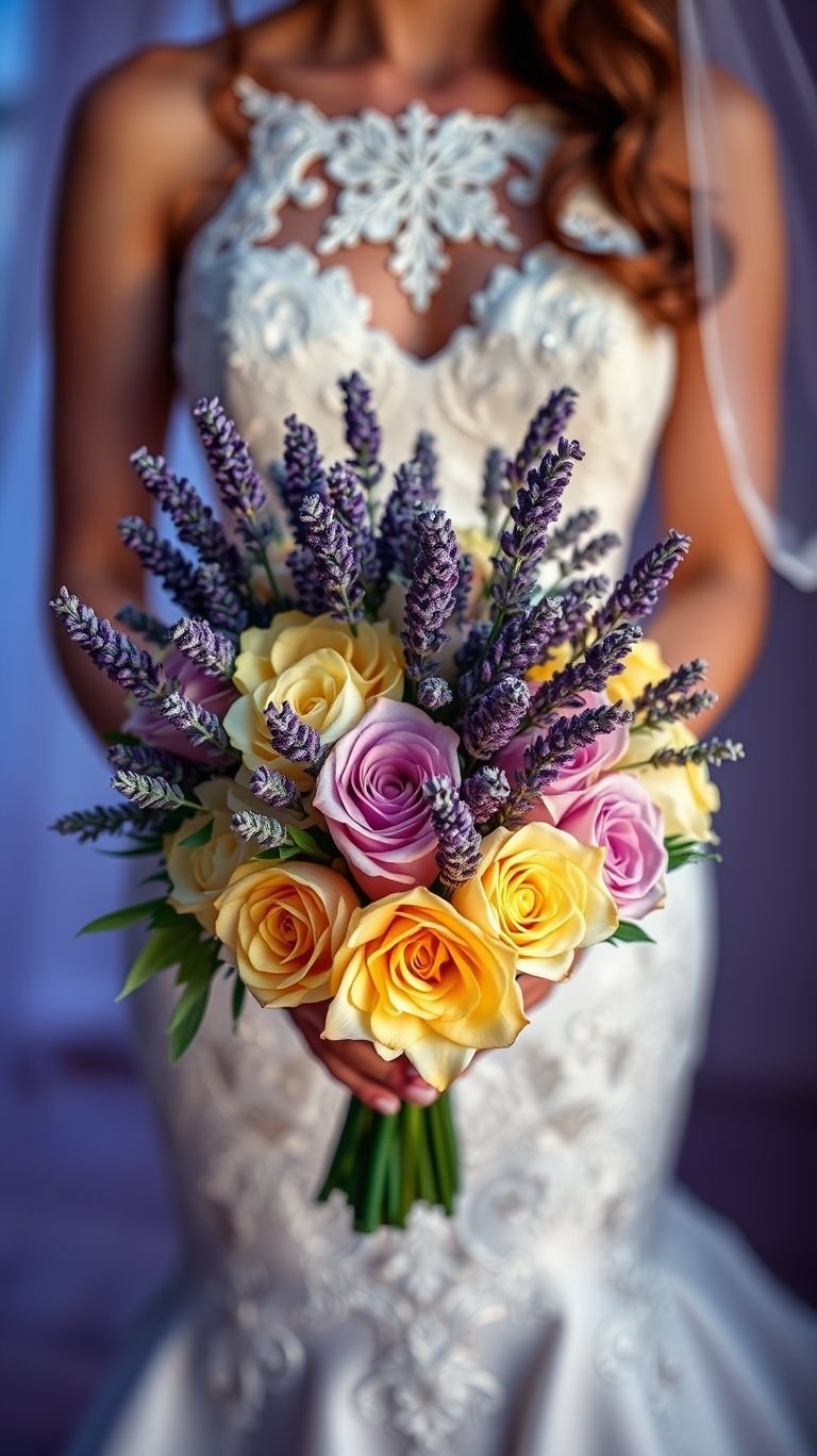 This bouquet walks in smelling like self-care and commitment. Lavender + florals = the bridal version of a spa day wrapped in satin ribbon.