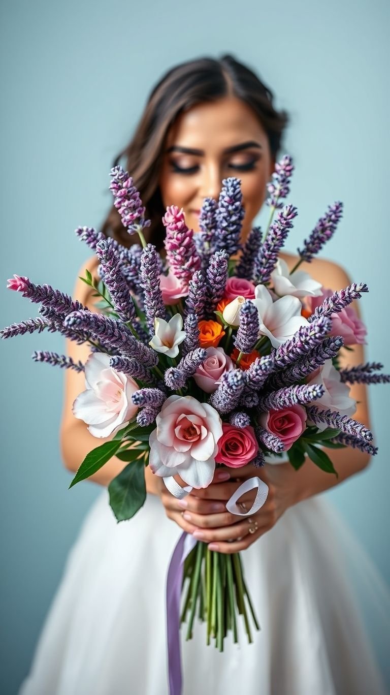 A bouquet that says “I’m soft, but I know my worth.” Lavender sprigs cozy up to garden florals like poetry waiting to be photographed.