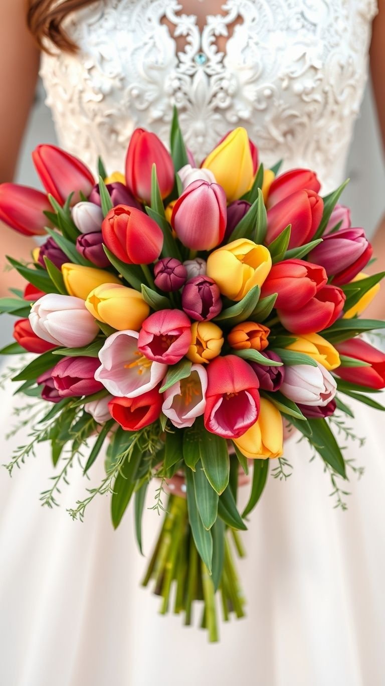 These tulips came dressed for a party, not just a wedding. Multicolored petals flirt with spring vibes and spill joy in every shade.