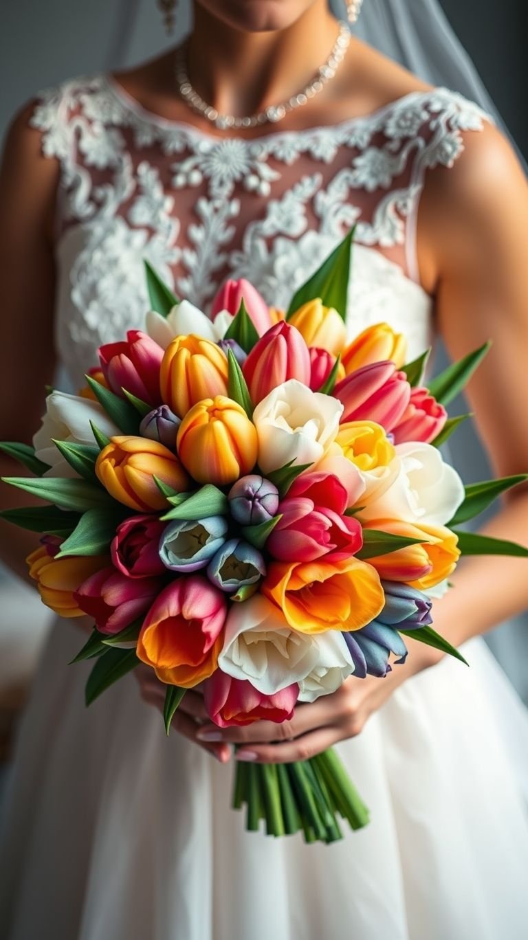 If your heart had a garden, this bouquet would bloom right out of it. Multicolored tulips say “romance” with a wink and a wild streak.