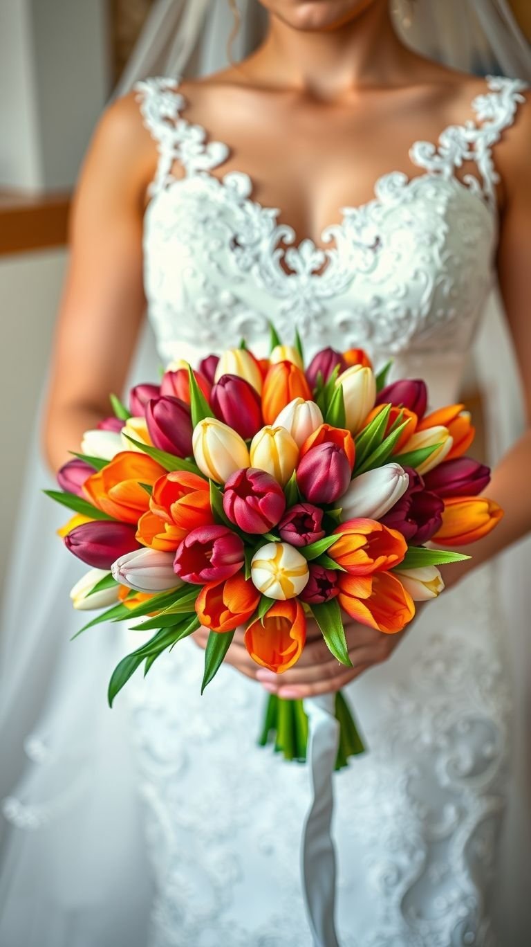 This bouquet’s a kaleidoscope with petals. Each tulip shade spins the wheel of whimsy while keeping elegance front and center.