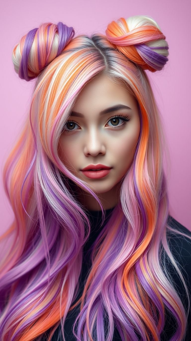 Ditch the monochrome and embrace the melt—these ombre buns mix blond charm with neon sass in a style you’ll never want to take down.
