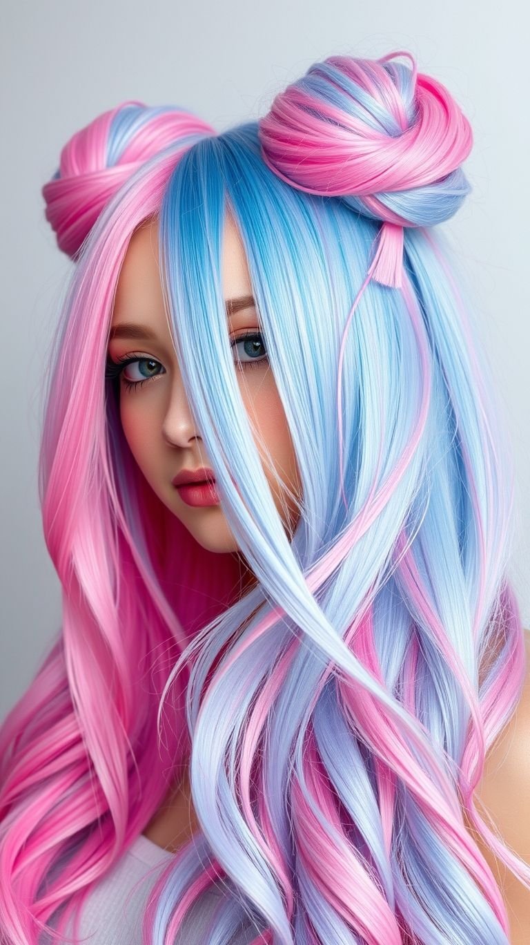 Sunset on top, sass on the sides—these double buns serve blond to purple ombré drama in every twist and twirl.