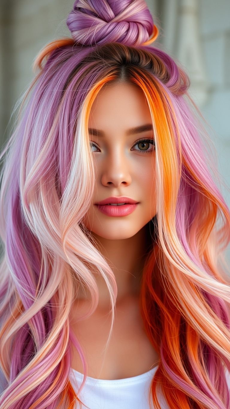 This high bun isn’t just sitting pretty—it’s sizzling with orange-pink ombré fire! The perfect way to turn up the volume on your hair game without saying a word.