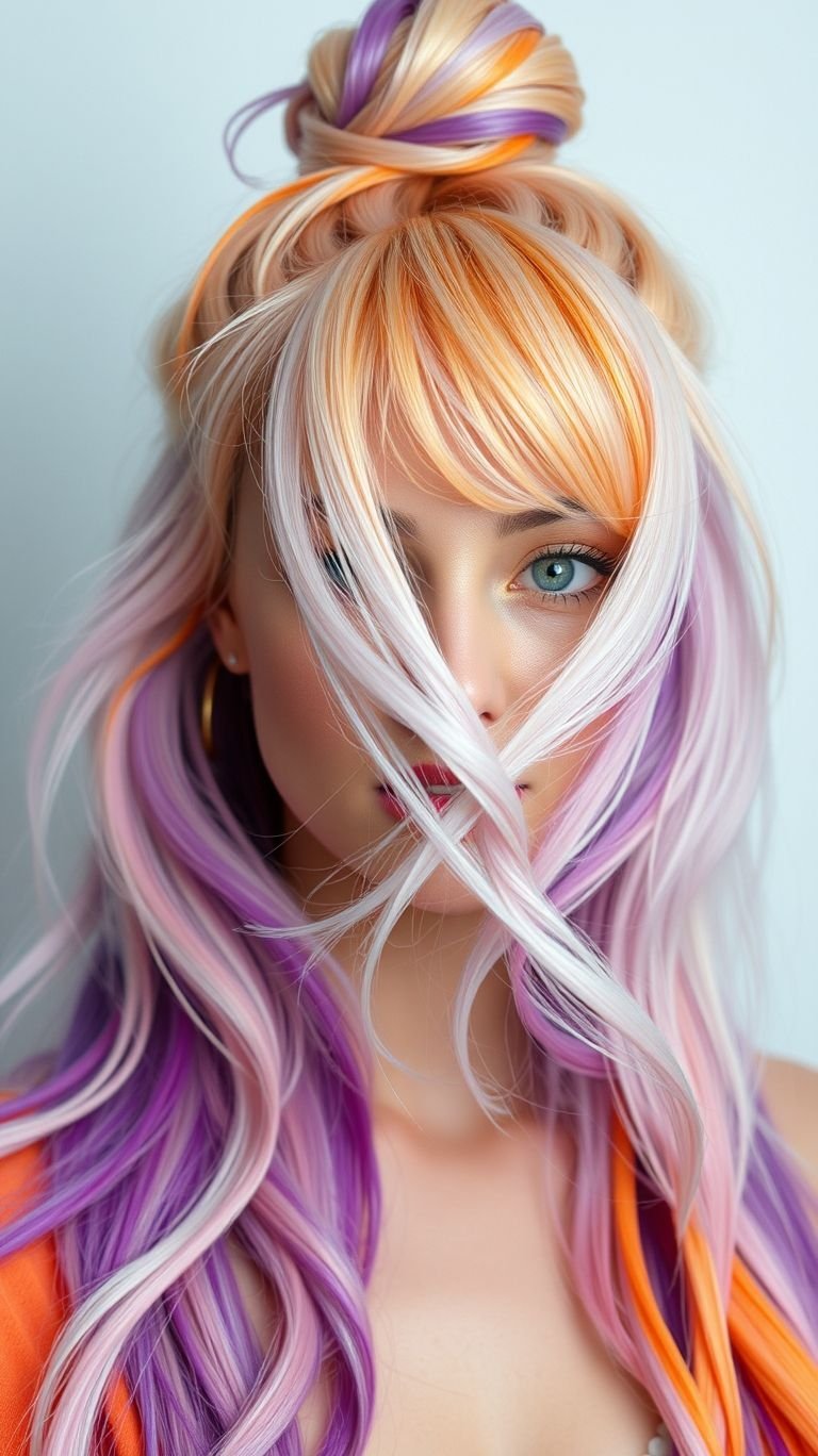 This high bun isn’t just sitting pretty—it’s sizzling with orange-pink ombré fire! The perfect way to turn up the volume on your hair game without saying a word.