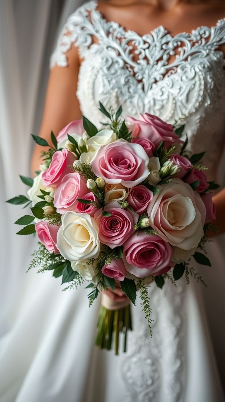 Petals like powdered sugar and grace in every bloom. This pastel rose bouquet looks like bridal frosting with a side of finesse.