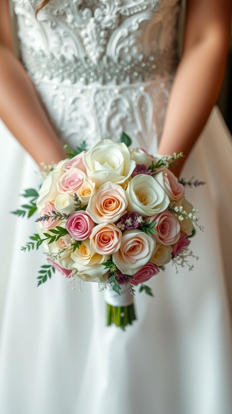 This one’s giving vintage romance with modern sass. Pastel roses mix old soul vibes with bridal glow-up magic.