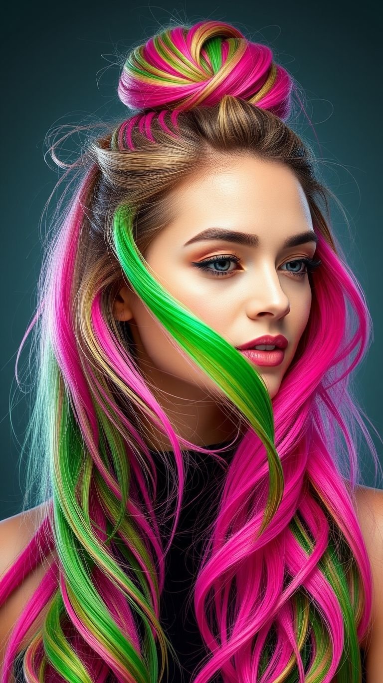 Color clash? More like color crush. This pink-green high bun is the reason opposites attract.