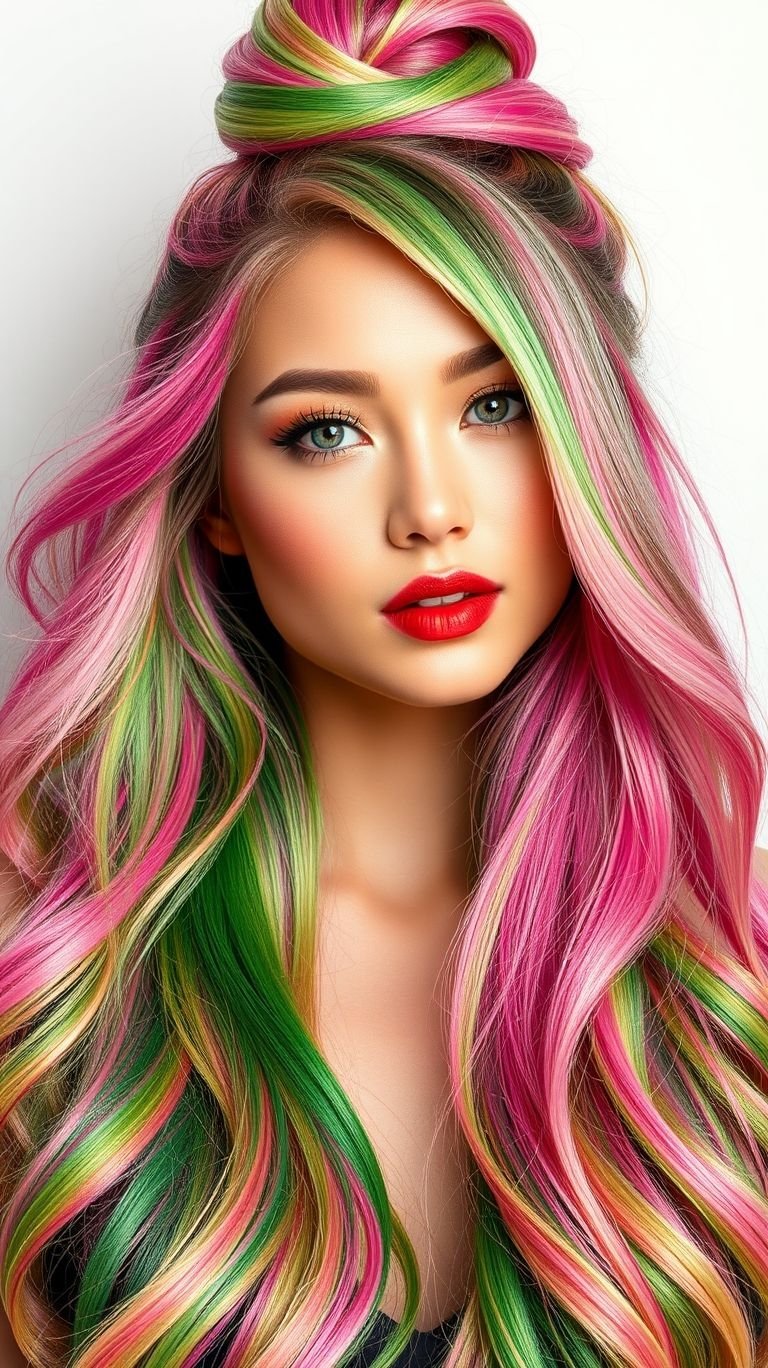 Green at the base, pink at the crown—this high bun is your neon-tinted royalty moment.
