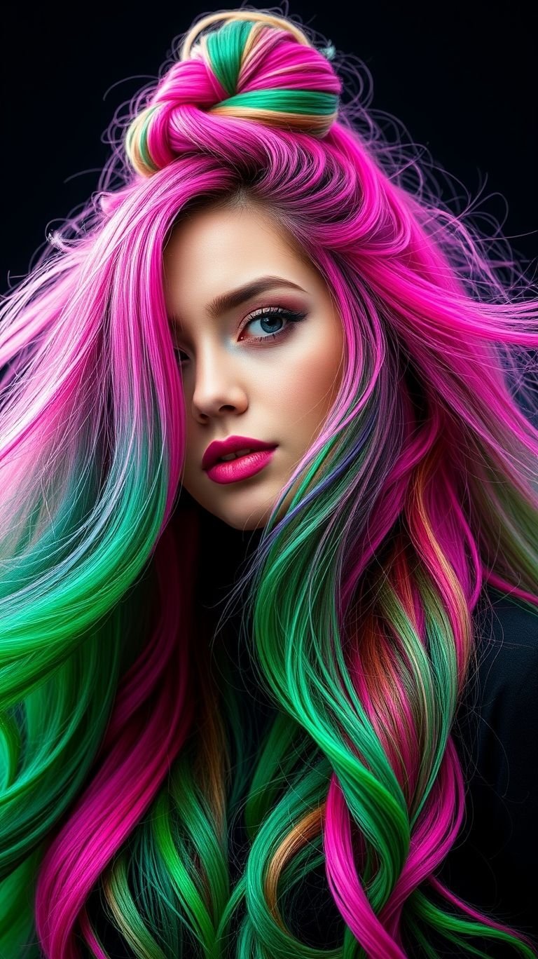 This isn’t hair, it’s a color story. Pink sings, green shouts, and the bun ties it all up with flair.