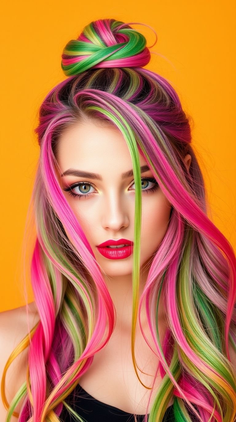 High, tight, and totally unexpected—this pink and green bun brings the party wherever it’s twisted.