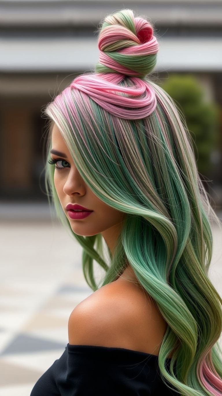 Blushing skies meet leafy vibes in a bun that’s loud, proud, and practically photosynthesizing on sight.