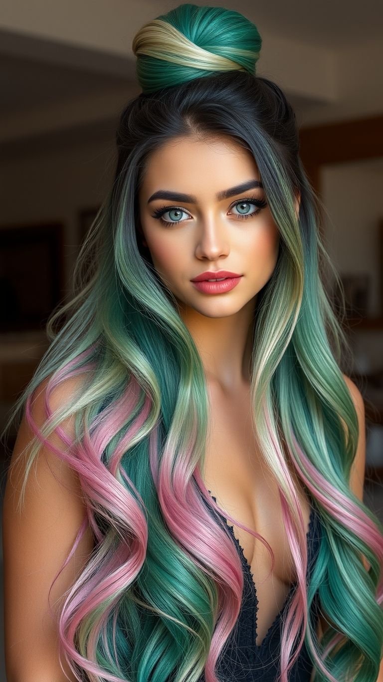 This hairstyle’s got layers: sweet pink whispers wrapped in green sass. It’s like springtime had a glow-up!