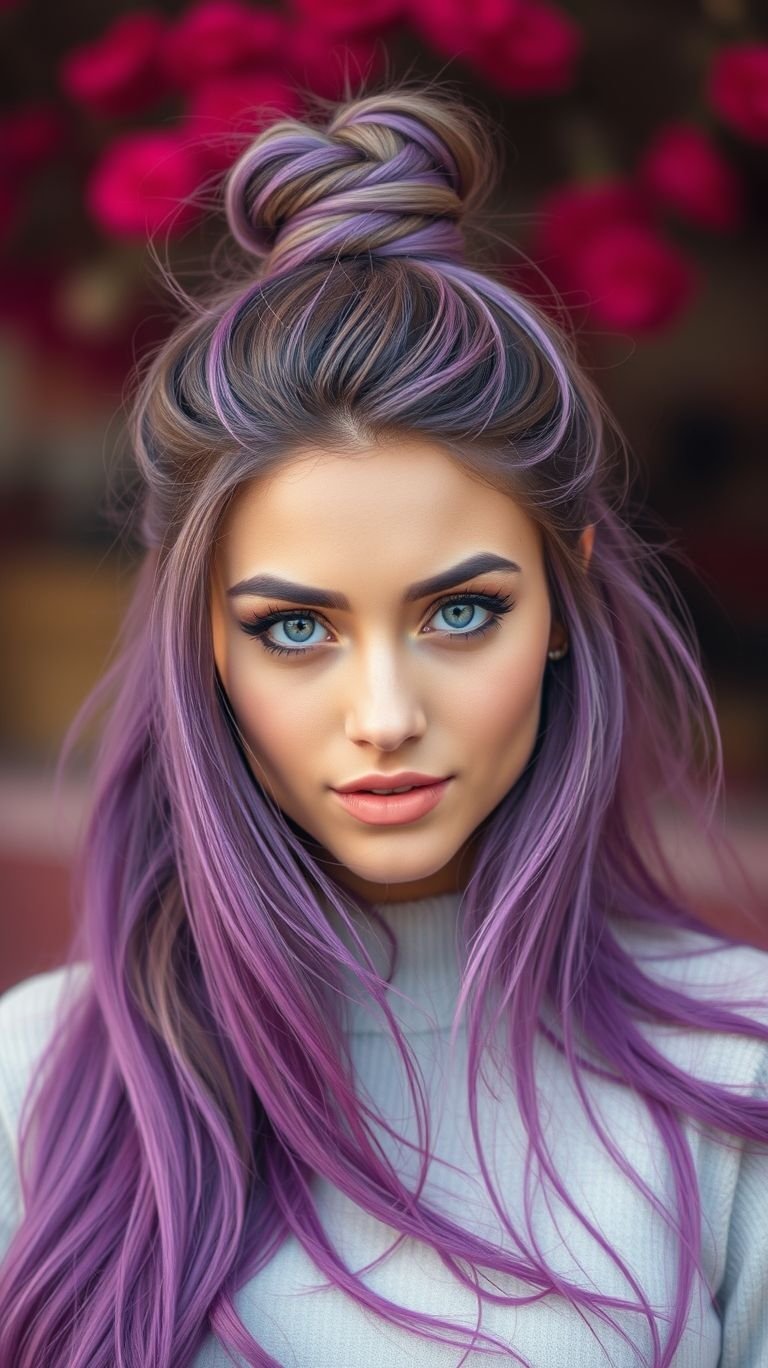 Royal Rebellion Twist Why settle for one shade of royalty when you can blend three? This high bun fuses regal purple gradients with boss energy—a style that says “I reign in style, and yes, I brought glitter.”