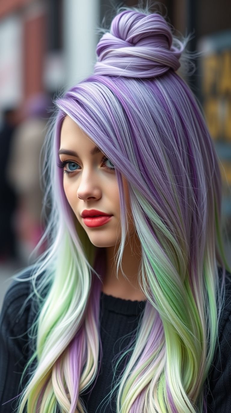 Amethyst Altitude High bun? Check. Purple ombre like a gem in motion? Double check. This style gives “ethereal rockstar vibes” with just the right altitude for turning sidewalks into runways.