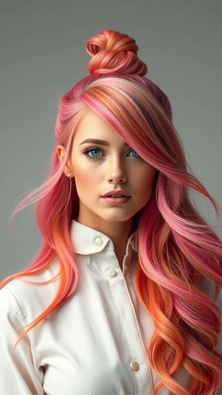 Strawberry Sunset Bun Rosy at the top, fire below. This high bun is basically a strawberry daiquiri with attitude—served sizzling, styled sky-high.