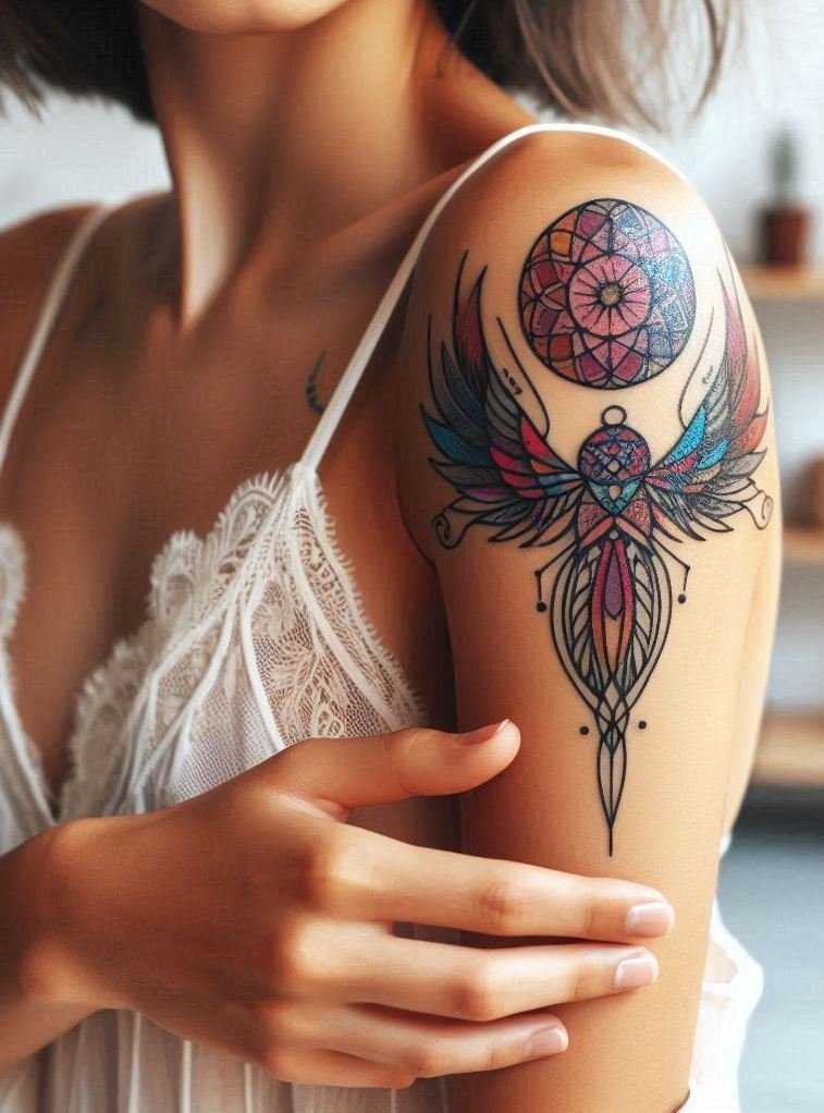 Who knew angels were into symmetry? These tattoos fuse intricate geometry with feathered grace, turning your skin into a sacred canvas.