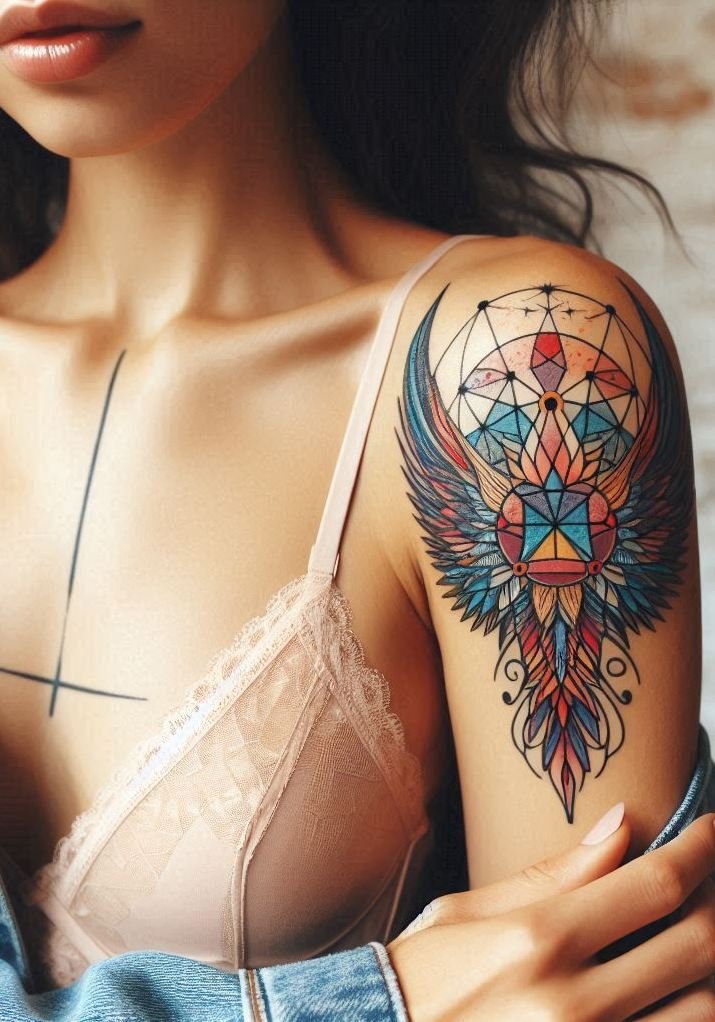Geometric elegance meets angelic softness in these tattoos that speak fluent enlightenment with a side of sky-high charm.