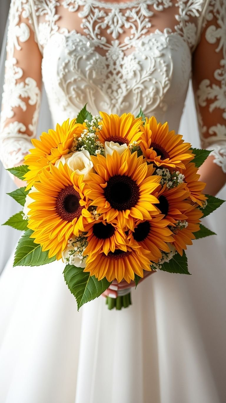 When your bouquet feels like a warm hug—sunflowers bring the golden hour to your aisle, with smiles that bloom bigger than your aunt’s compliments.