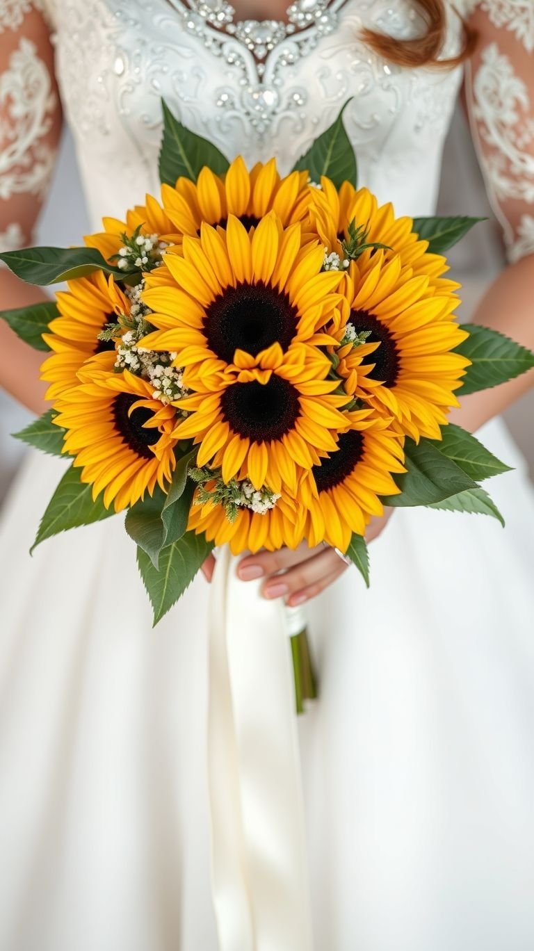 The kind of bouquet that turns rustic weddings into Pinterest legends—sunflowers don’t follow trends, they start them.