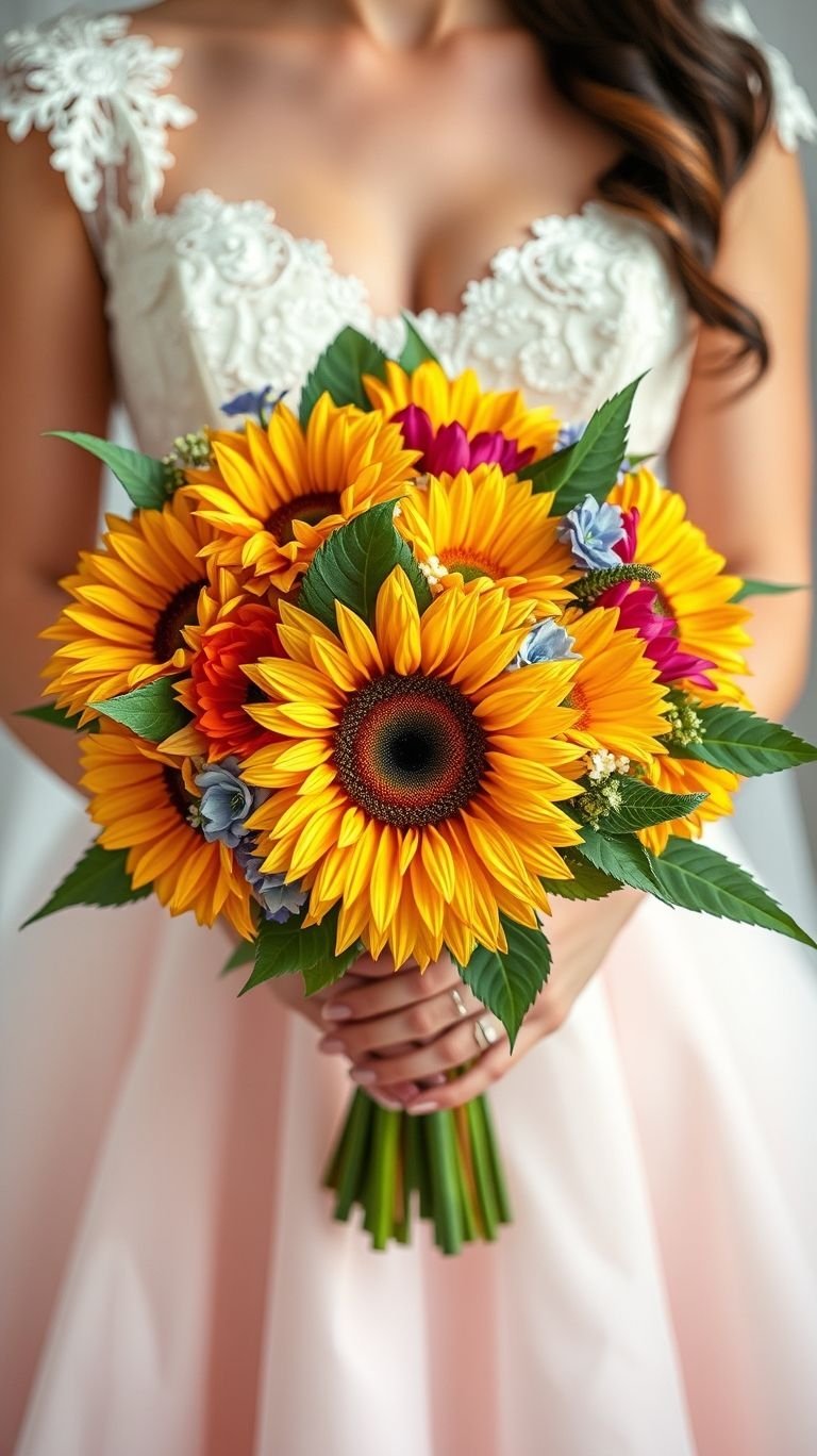 This sunflower bouquet doesn’t whisper “rustic charm,” it shouts it with twangy guitar riffs and hay-bale chic.