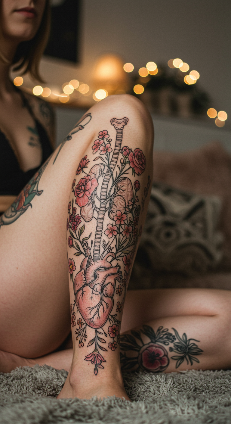 Full Sleeve Tattoos don’t get more poetic than anatomical florals wrapped around a human heart, spine, and organs. It’s a bold love letter to the beauty and fragility of human nature in one breathtaking design.