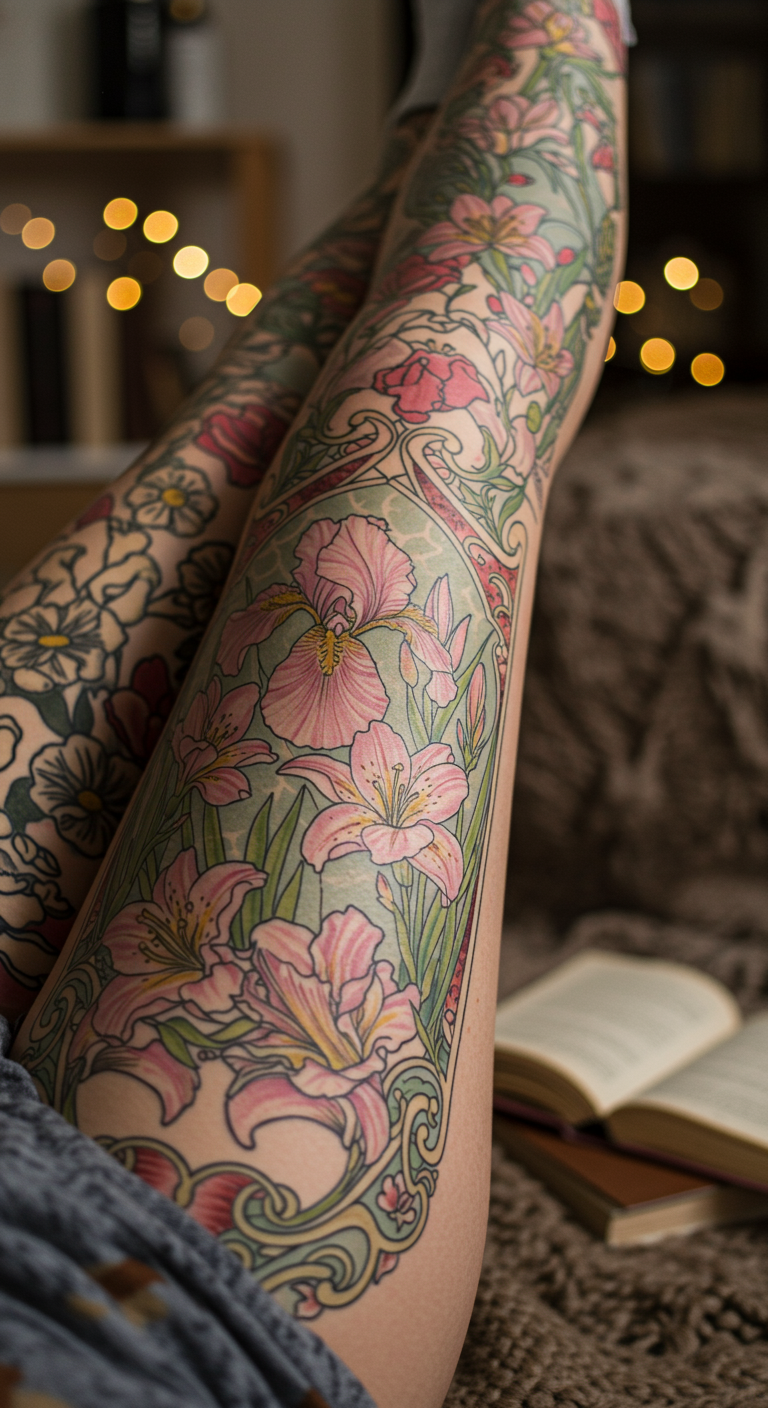 Full Sleeve Tattoos inspired by Art Nouveau bring flowing floral lines and timeless elegance to the leg. It’s like wearing a masterpiece of decorative art that moves with every step you take.
