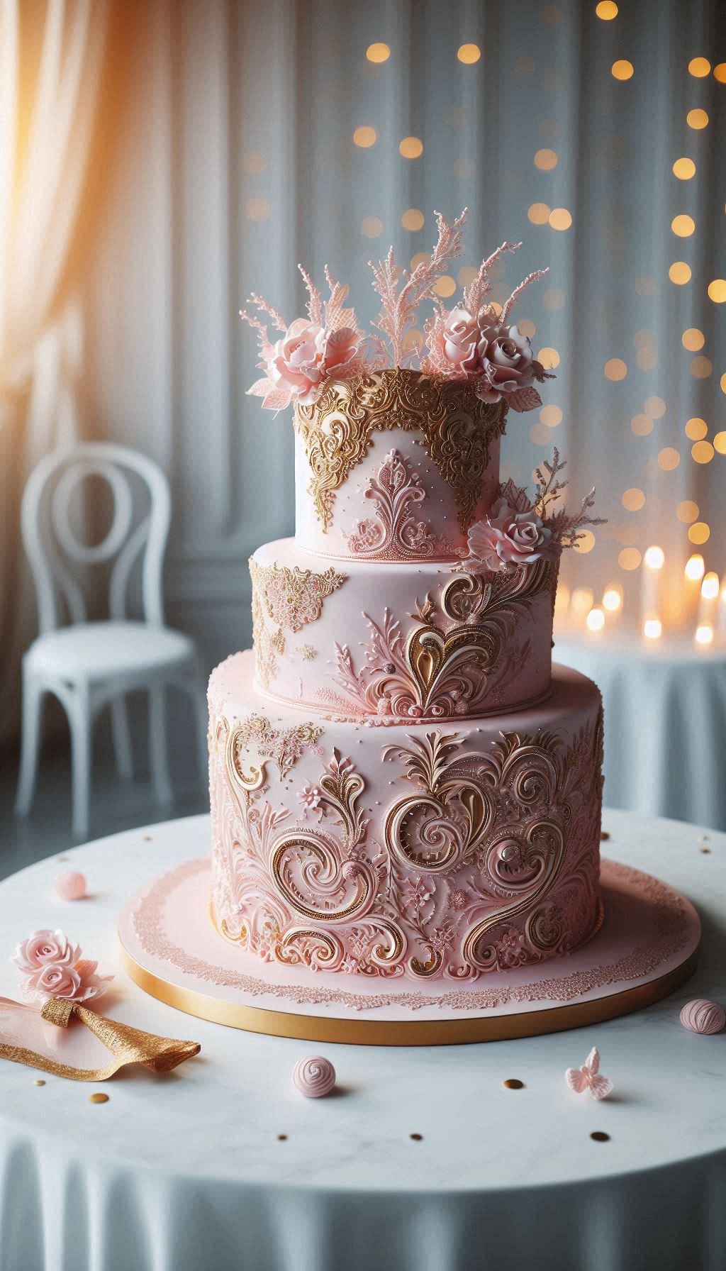 Behold, the kind of blush and gold wedding cake that makes you question if it's acceptable to frame a dessert. Spoiler alert: it is, and this dreamy design proves your perfect wedding cake can be both a masterpiece and completely delicious.