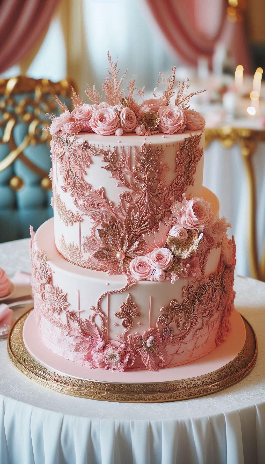 For the couple that wants it all—timeless romance and a touch of modern glam. A blush and gold wedding cake is the perfect answer, creating a stunning focal point that's almost too beautiful to eat. Almost.