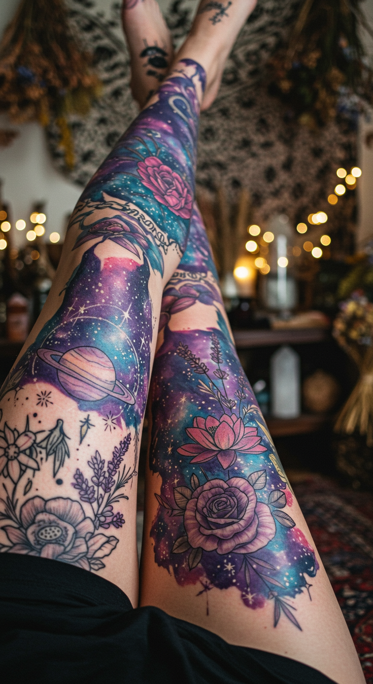 Celestial Botanica Full Sleeve Tattoos bring together starry skies and blooming botanicals. A design that whispers both wonder and wildness with every curve.