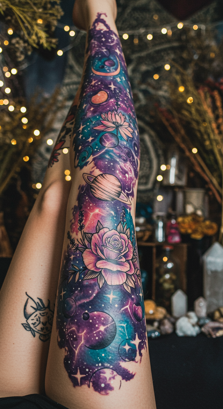 Full Sleeve Tattoos inspired by space and flowers transform your leg into a cosmic meadow. It’s surreal ink art that feels as infinite as the stars above.