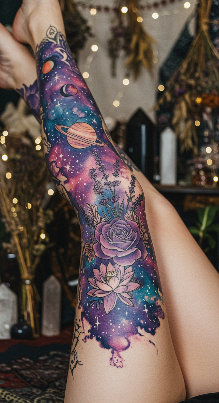 When florals meet constellations, you get Celestial Botanica Full Sleeve Tattoos. A graceful design that’s both grounded in nature and lifted by the stars.