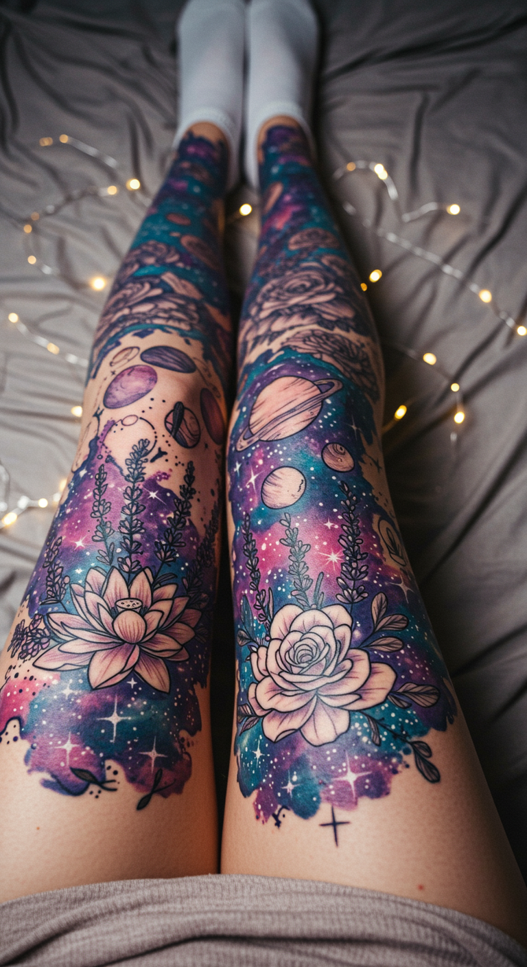 Leg Full Sleeve Tattoos with celestial botanicals combine starlight and petals in perfect harmony. It’s outer space and nature stitched together in breathtaking ink.