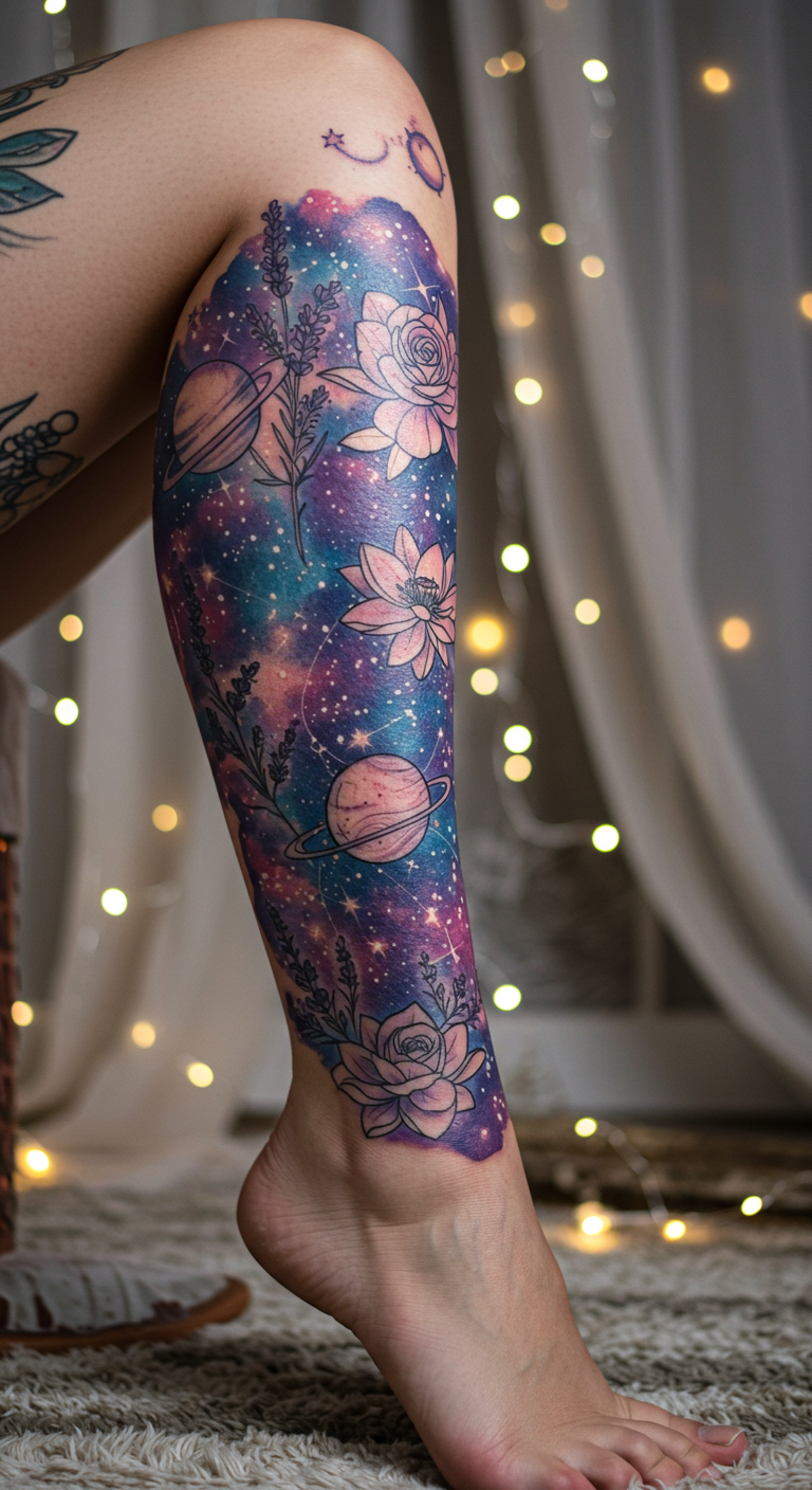 Full Sleeve Tattoos don’t get more dreamy than stars tangled in vines and moons blooming like flowers. A cosmic garden growing across your leg.