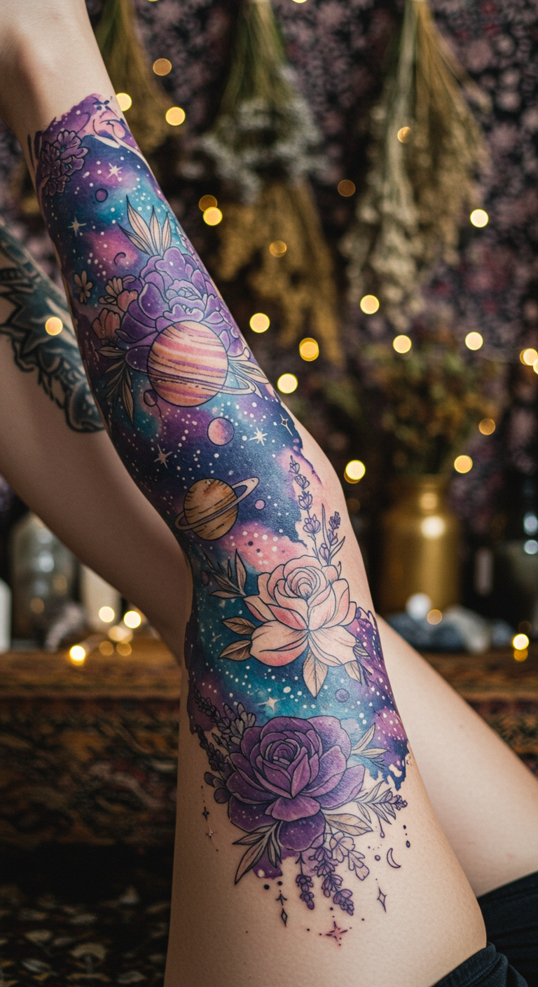 Leg Full Sleeve Tattoos in celestial botanical style look like the Milky Way collided with a secret garden. Ink that feels vast, vibrant, and timeless.