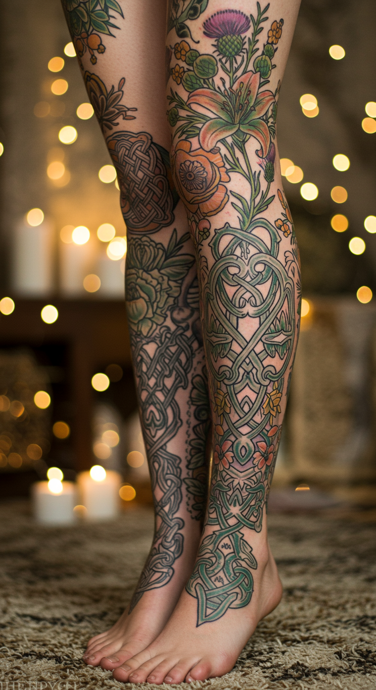 Full Sleeve Tattoos in Celtic style blend intricate knotwork with delicate flowers, creating a design that feels both powerful and poetic. A timeless tribute to heritage and natural beauty.