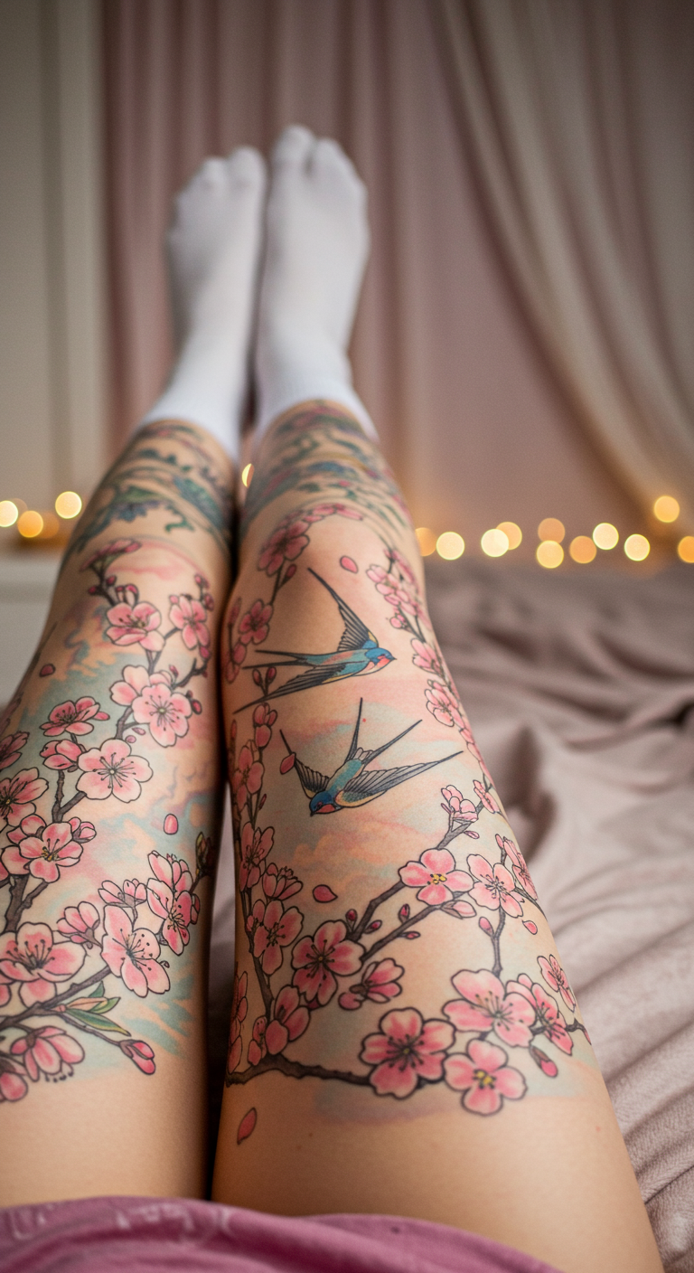 These Cherry Blossom and Swallow Full Sleeve Tattoos are all about grace and freedom. Soft petals meet soaring wings in a design that’s light yet deeply symbolic.