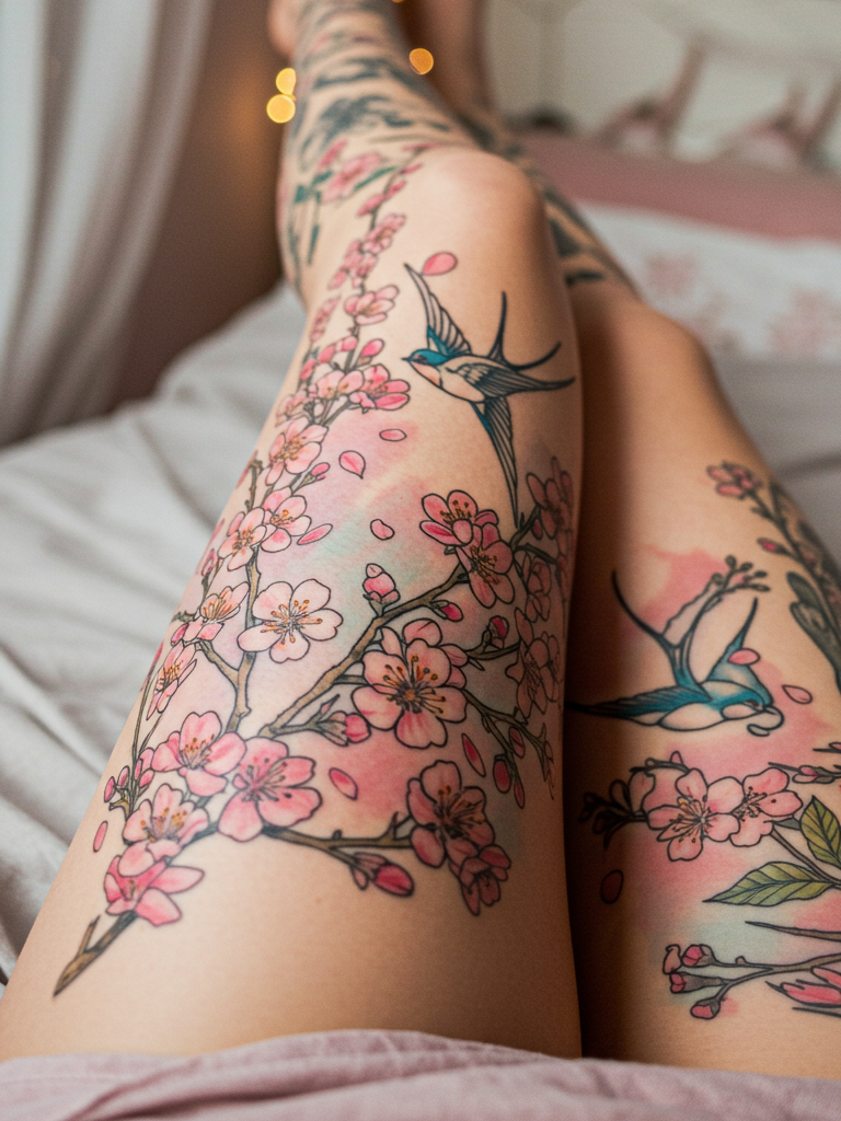 Cherry blossom Full Sleeve Tattoos with swallows create a flowing story on your skin. It’s a living canvas where nature and flight come together in harmony.