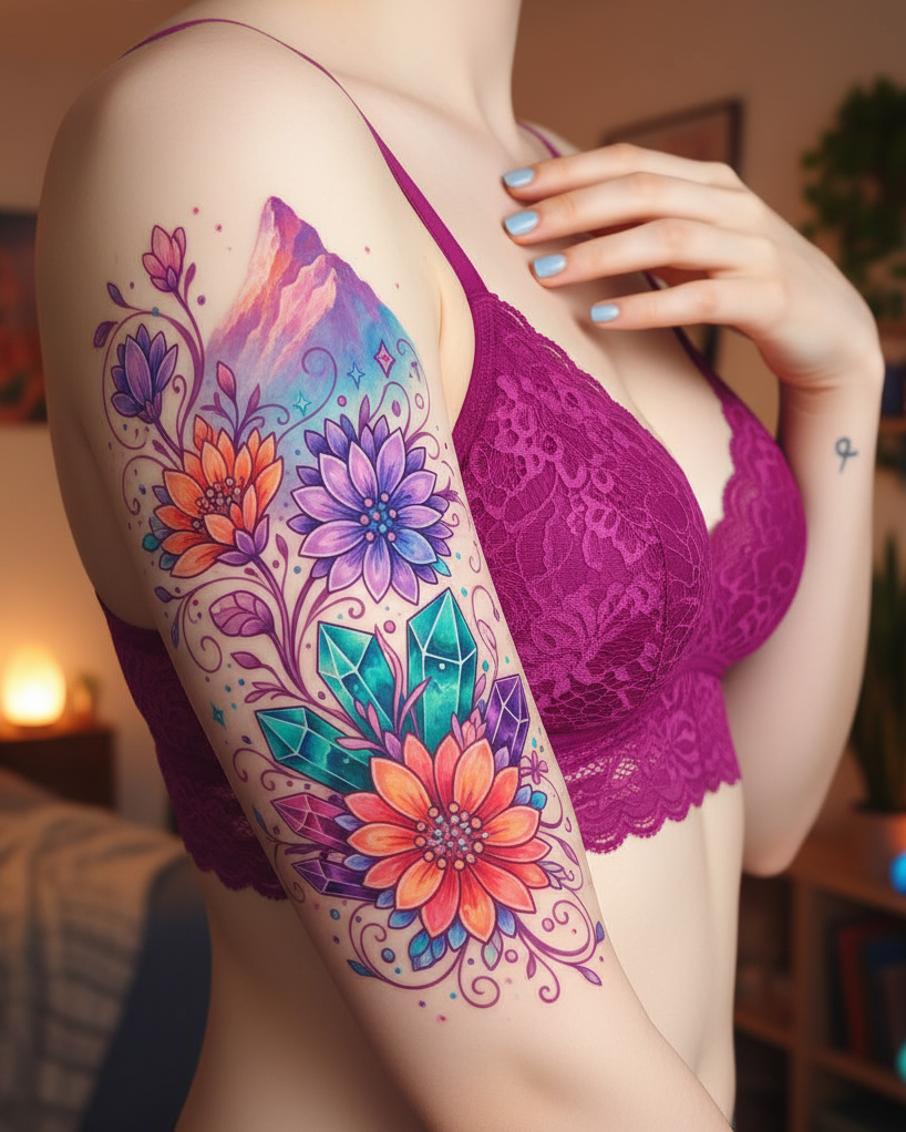 Magical Tattoos for Women: Simple secrets to stunning body art | Pocoko Crystal Mountain tattoos are where mysticism meets majesty. These are the kind of Magical Tattoos for women who carry wild landscapes in their soul.