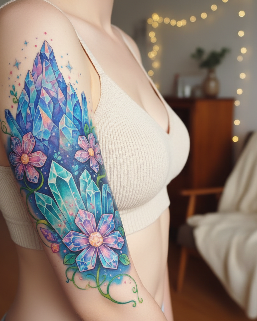 Magical Tattoos for Women: Simple secrets to stunning body art | Pocoko Crystal Mountain tattoos are like wearing your inner universe on your skin. They’re the ultimate Magical Tattoos for women who love nature with a twist of enchantment.
