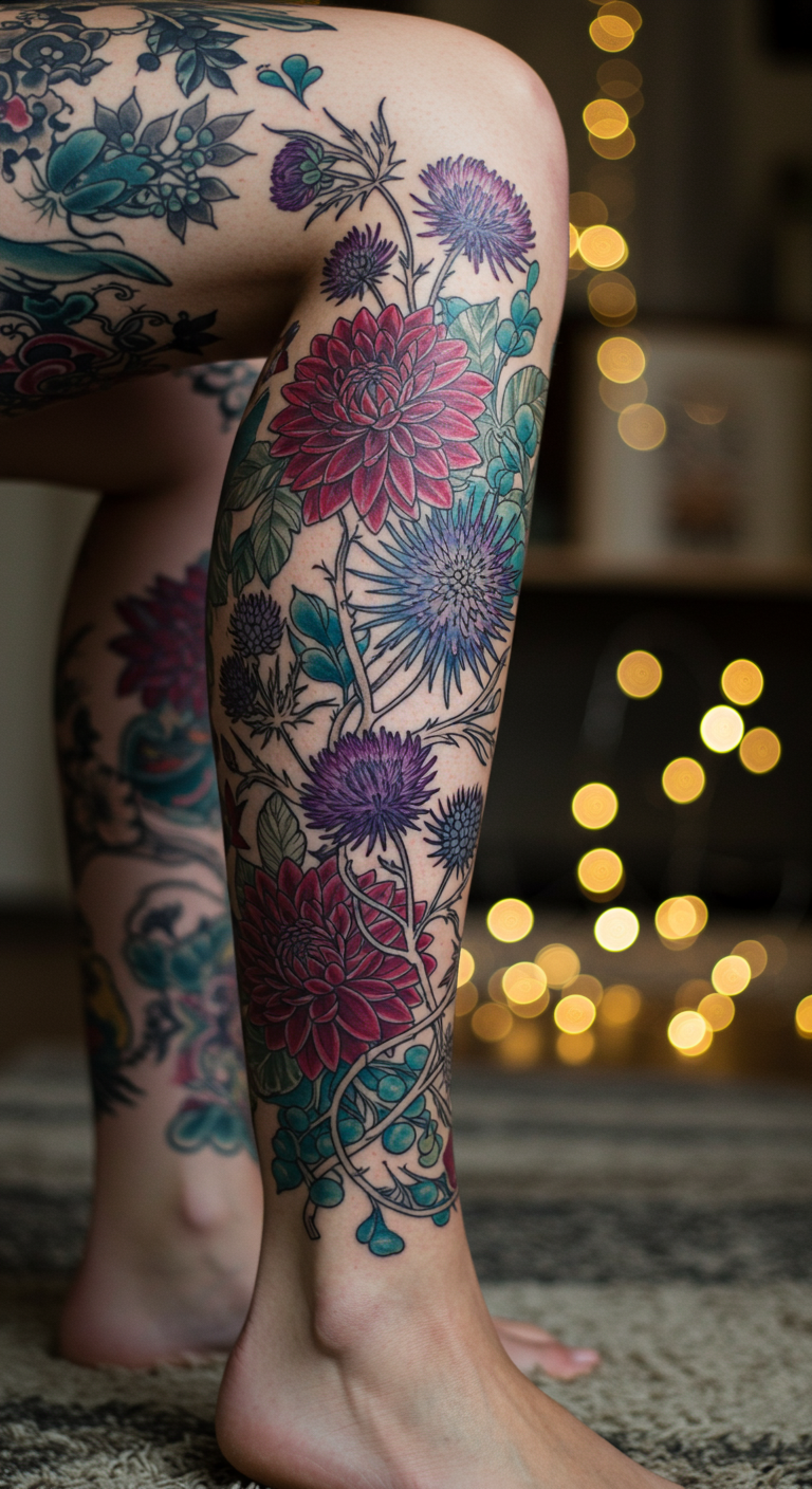 Full Sleeve Tattoos with dahlias and thistles are all about contrast—soft beauty paired with resilient strength. A design that speaks volumes without saying a word.
