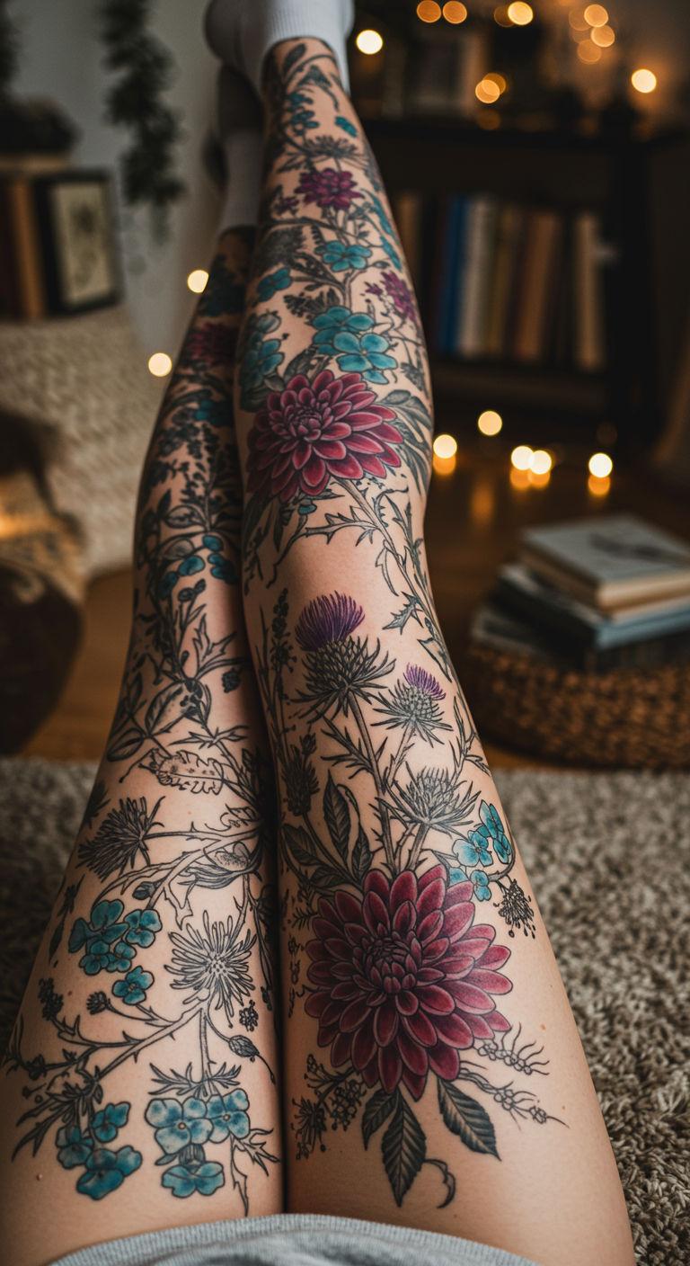 These floral Full Sleeve Tattoos blend bold dahlias with spiky thistles, creating a leg piece that’s both fierce and elegant. It’s a botanical balance of toughness and charm.