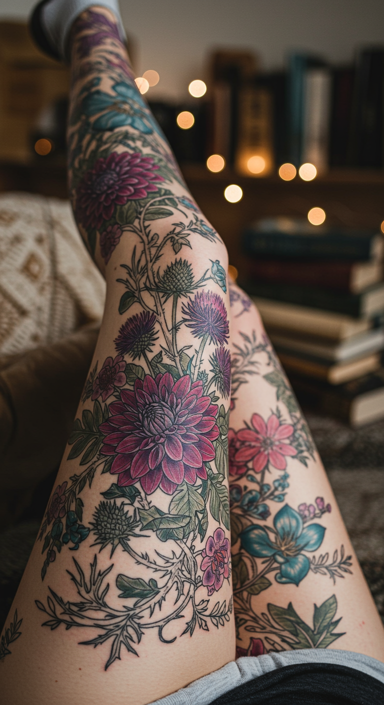 Dahlia and thistle Full Sleeve Tattoos are floral art with personality. They wrap your leg in petals and spikes, celebrating both grace and grit.