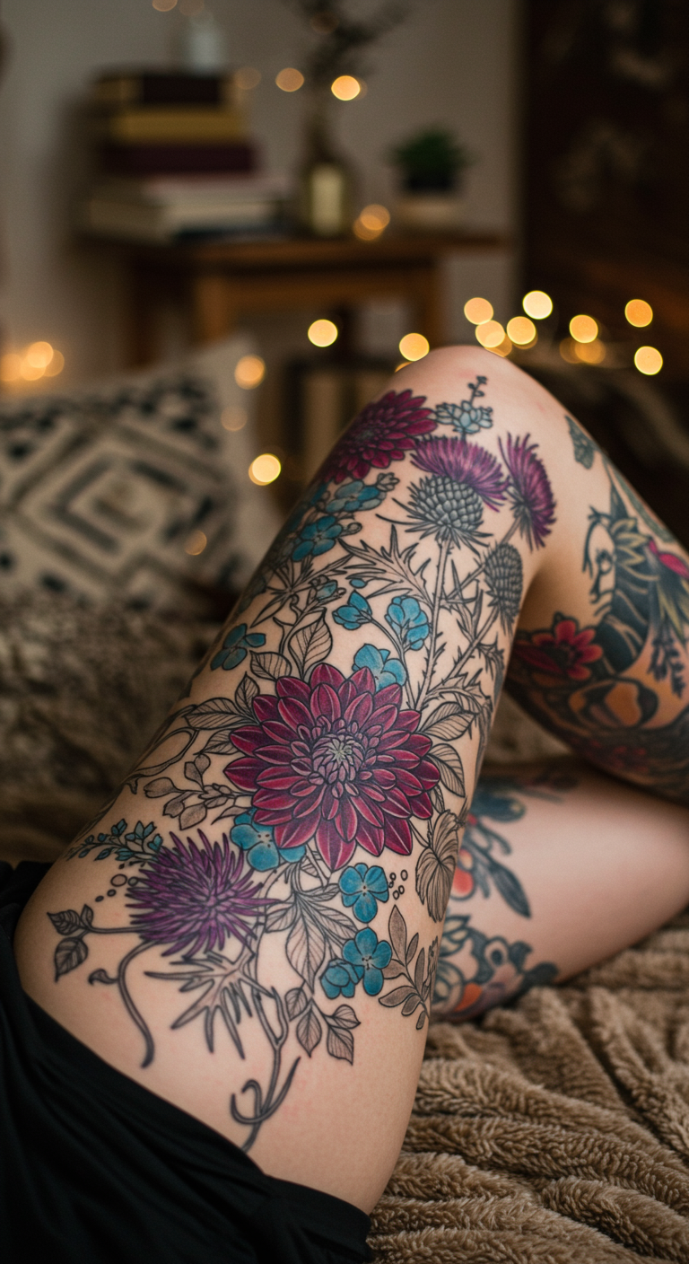 Full Sleeve Tattoos with dahlias and thistles capture a story of resilience. The blooms add softness while the thistles remind us of strength in every step.