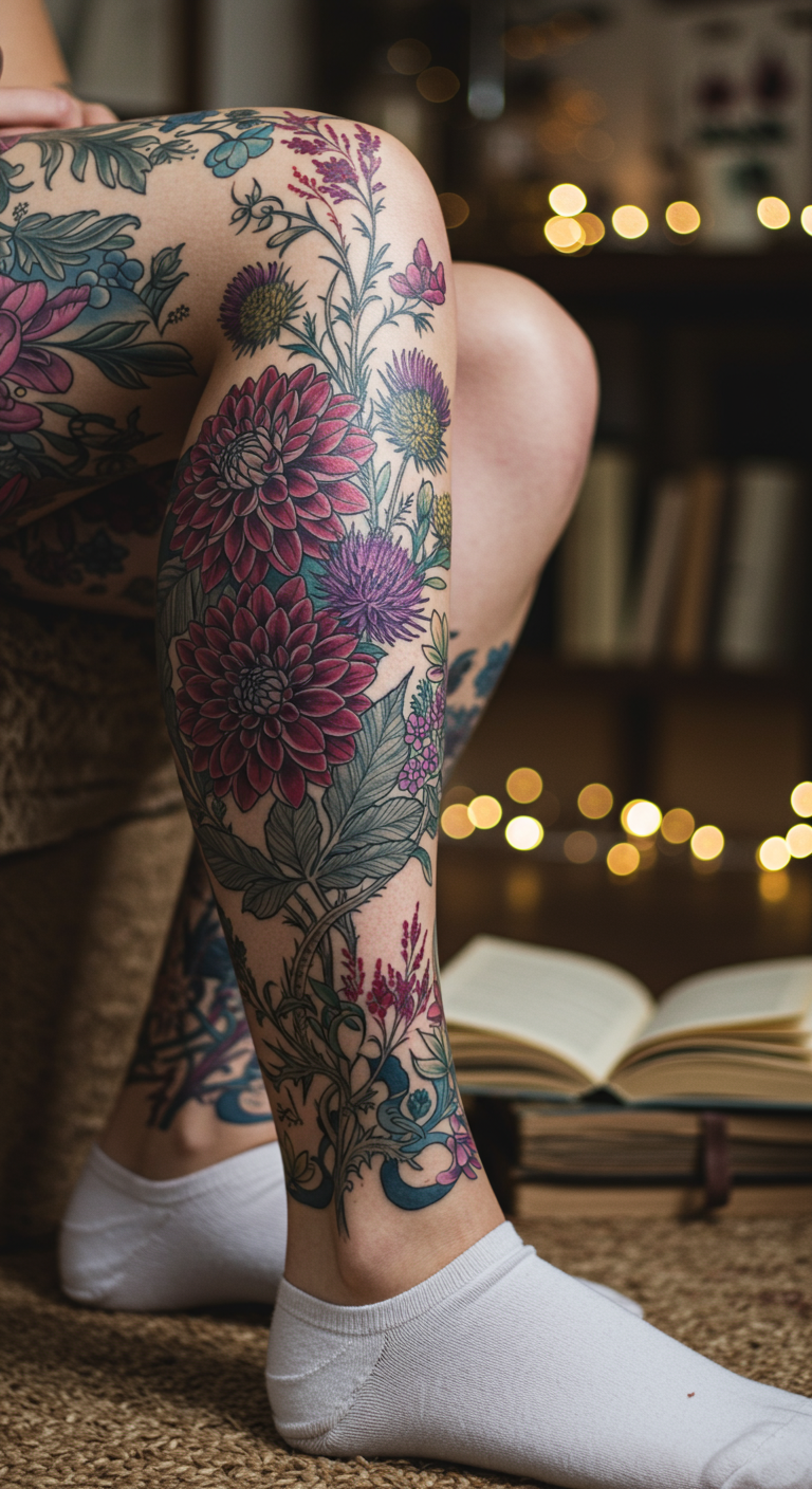 These Dahlia and Thistle Full Sleeve Tattoos turn the leg into a living bouquet. A striking mix of vibrant petals and protective thorns, all flowing in harmony.