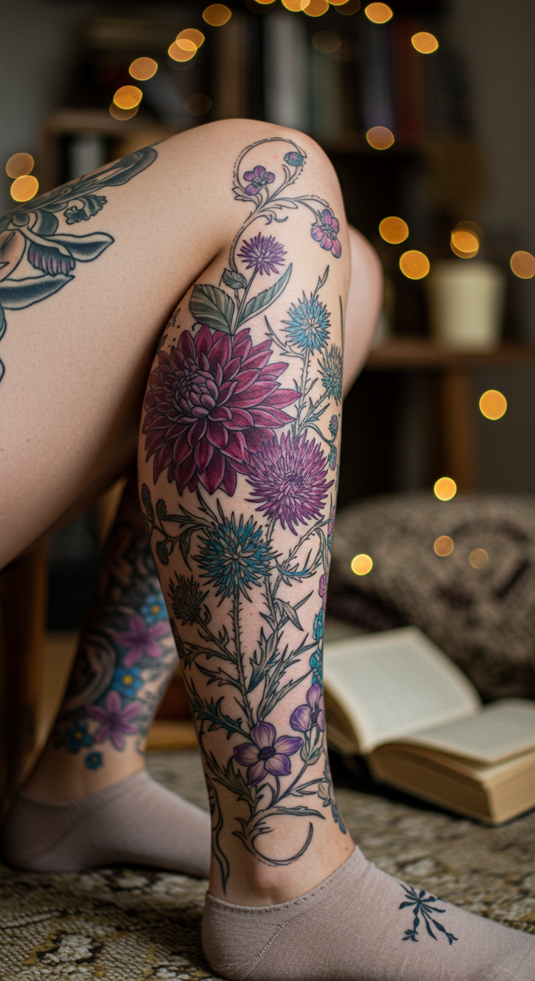 Full Sleeve Tattoos don’t get more dynamic than dahlias and thistles. Elegant yet untamed, they create a design that feels both delicate and powerful at once.