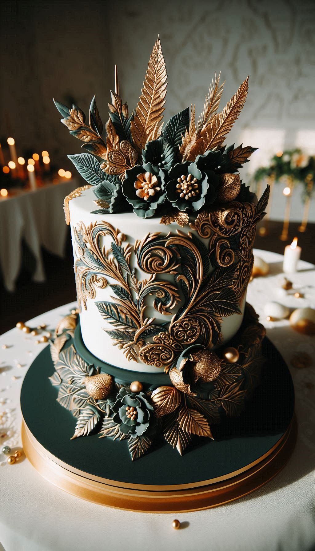 If you want a wedding cake that will live on in your guests' memories, this is the one. The unexpected combination of rich emerald, soft feathers, and romantic flowers is a guaranteed conversation starter. Prepare for a flood of compliments.