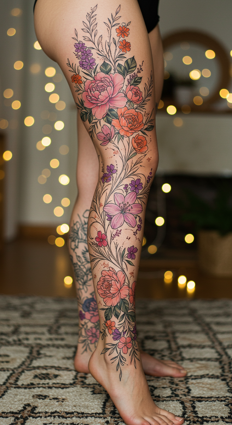 Full Sleeve Tattoos with a floral cascade flow like a waterfall of petals down the leg. Elegant, timeless, and endlessly graceful, it’s ink that feels alive in motion.
