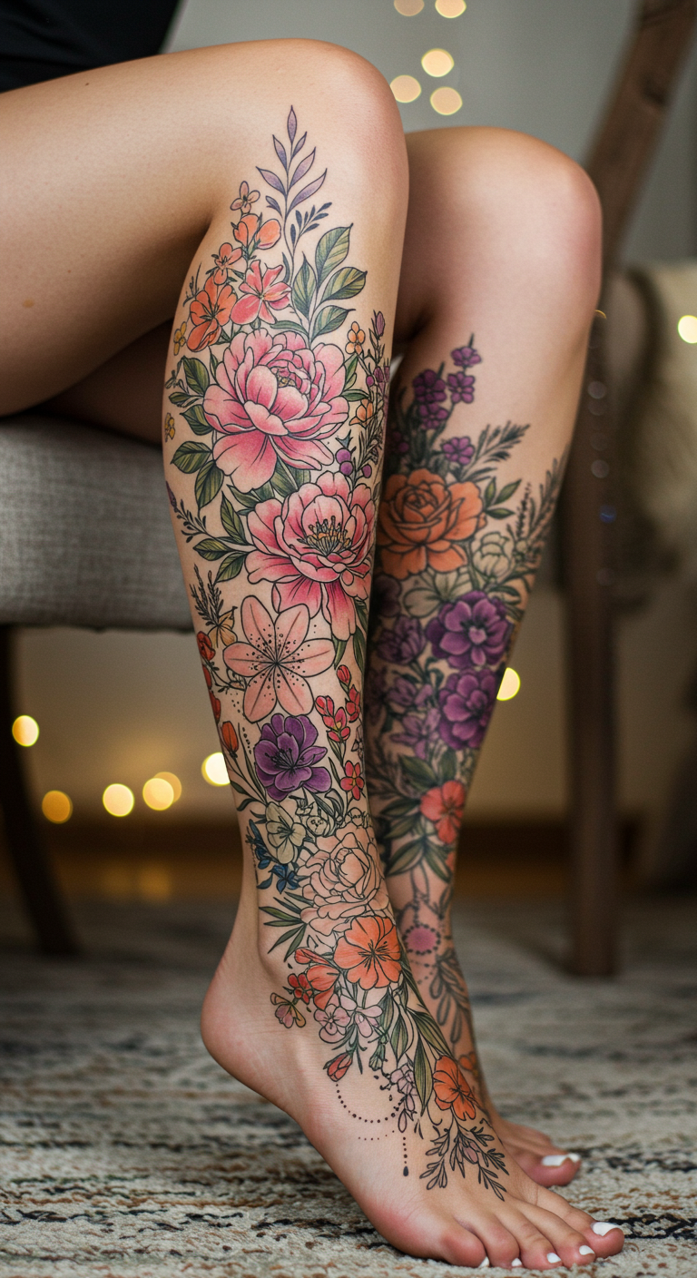 These Floral Cascade Full Sleeve Tattoos wrap the leg in a stream of blossoms that seem to bloom as you move. A perfect mix of fluid design and natural beauty.