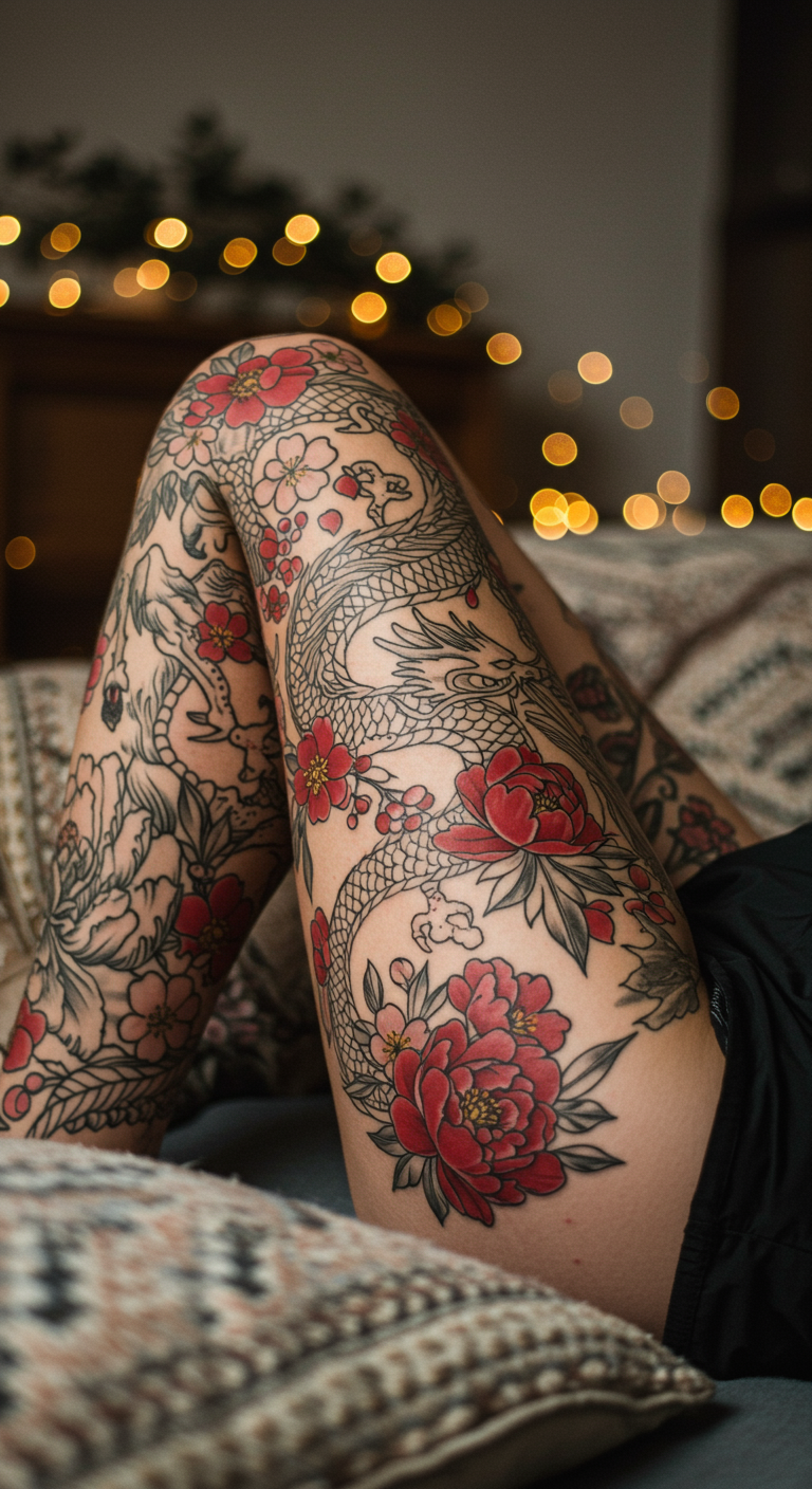 These Floral Dragon Wrap Full Sleeve Tattoos turn your leg into a living legend. Blossoms and scales intertwine in a balance of beauty and strength.